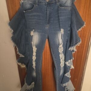 Distressed Blue Denim Jeans with Ruffle Detail